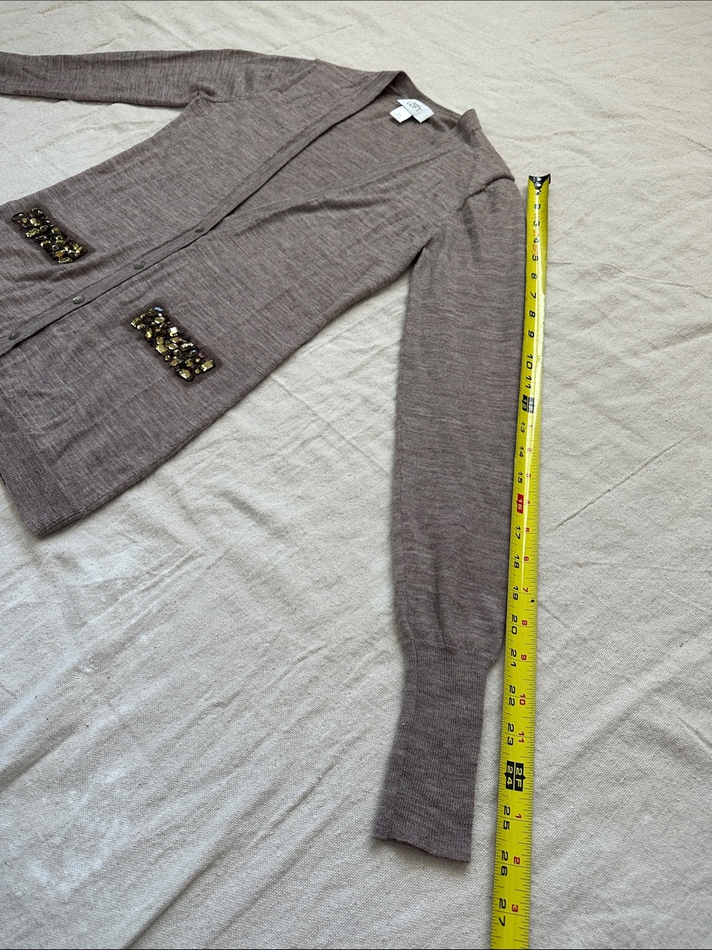 Ann Taylor LOFT Wool Blend Embellished Long Sleeve Taupe Cardigan Sweater XS - Picture 7 of 9